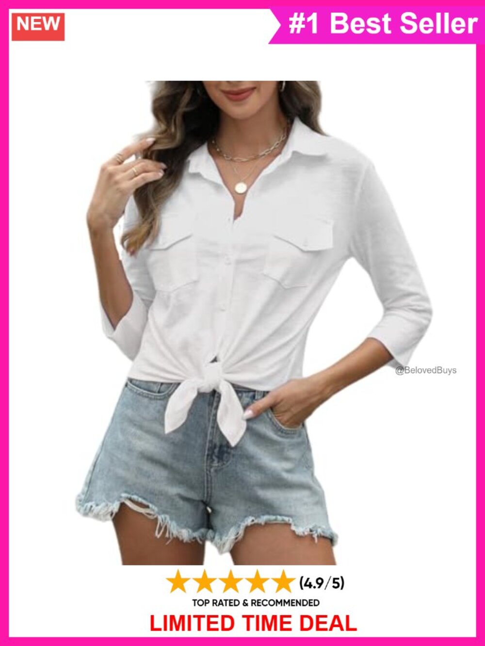 Women's 100% Cotton Tie Front Button Down Top V Neck 3/4 Sleeve Shirt